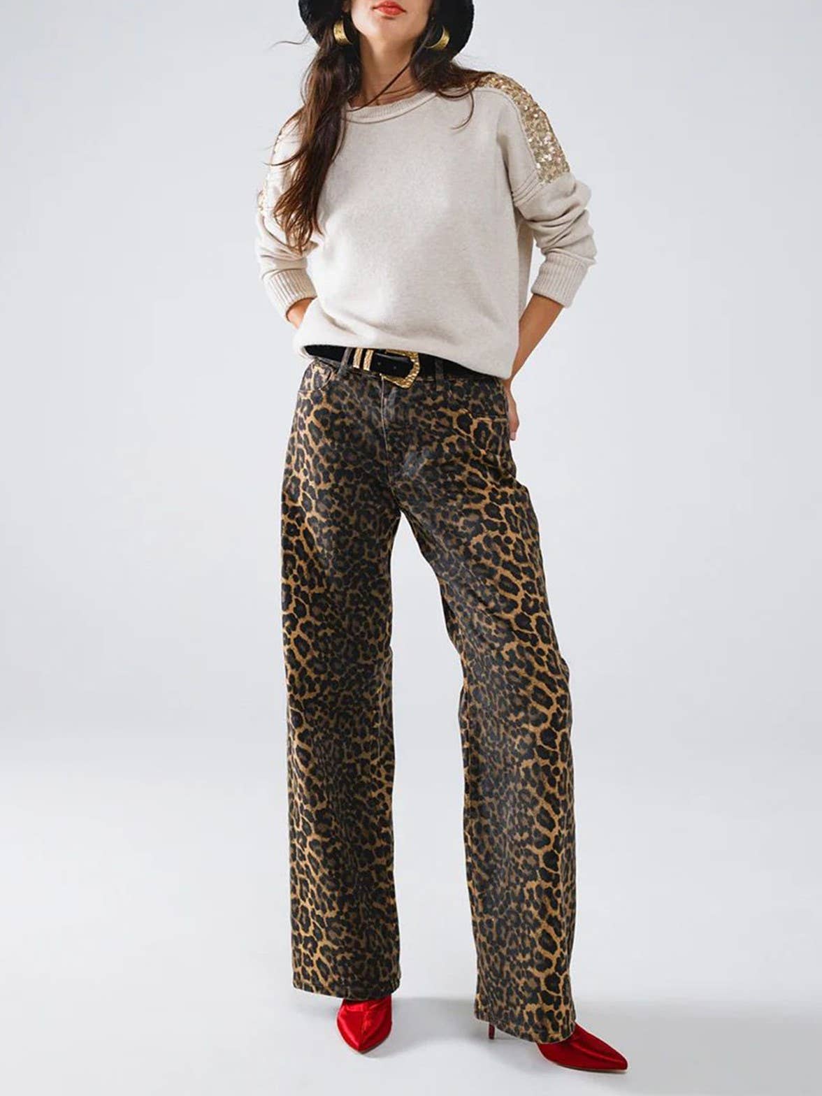 Leopard print straight leg jeans