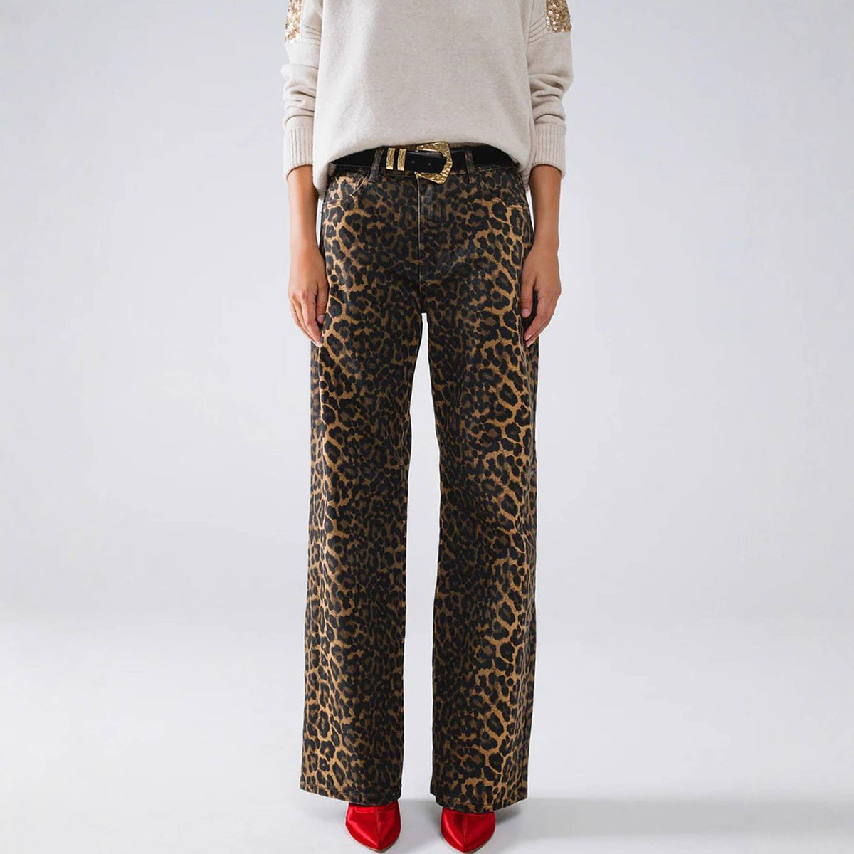 Leopard print straight leg jeans