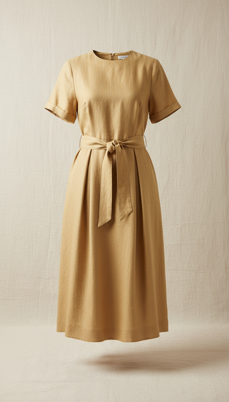 Soft gold tailored linen dress with belt