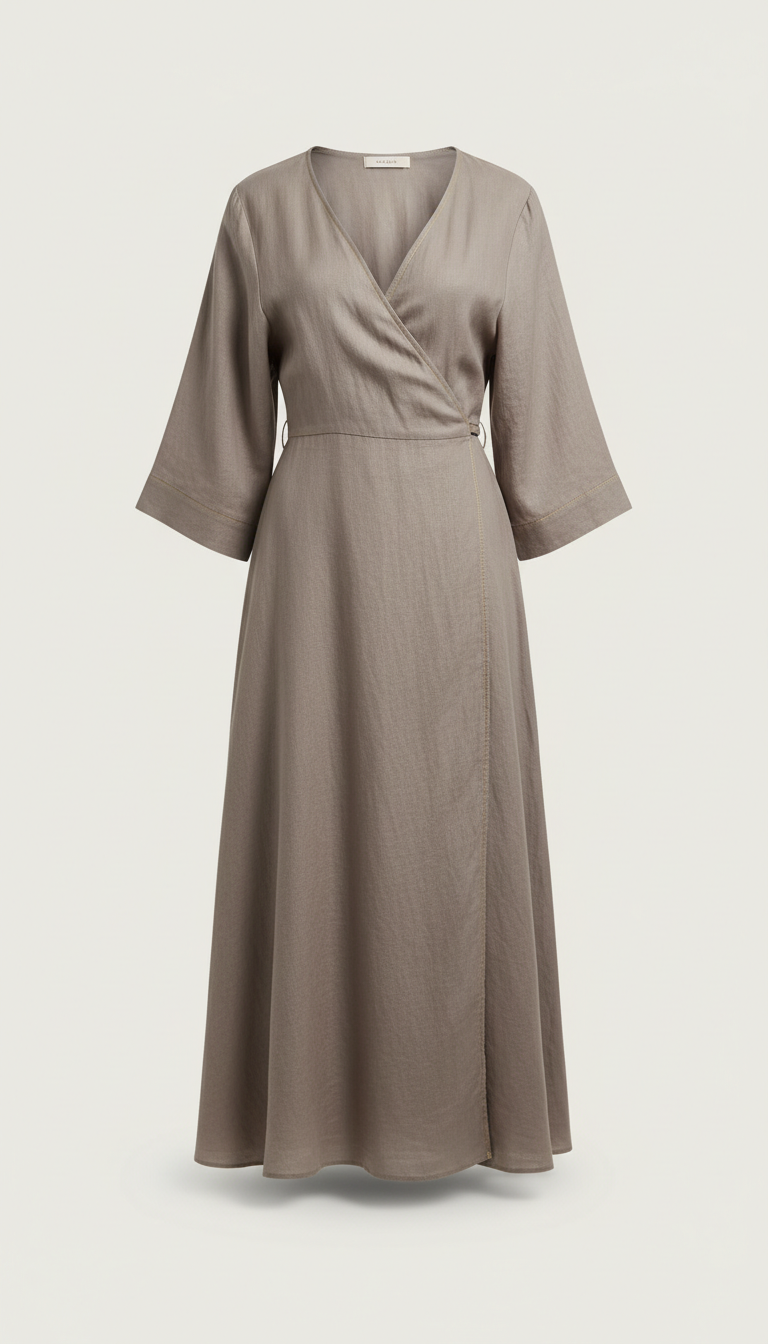 Shadow Taupe Linen Wrap Dress